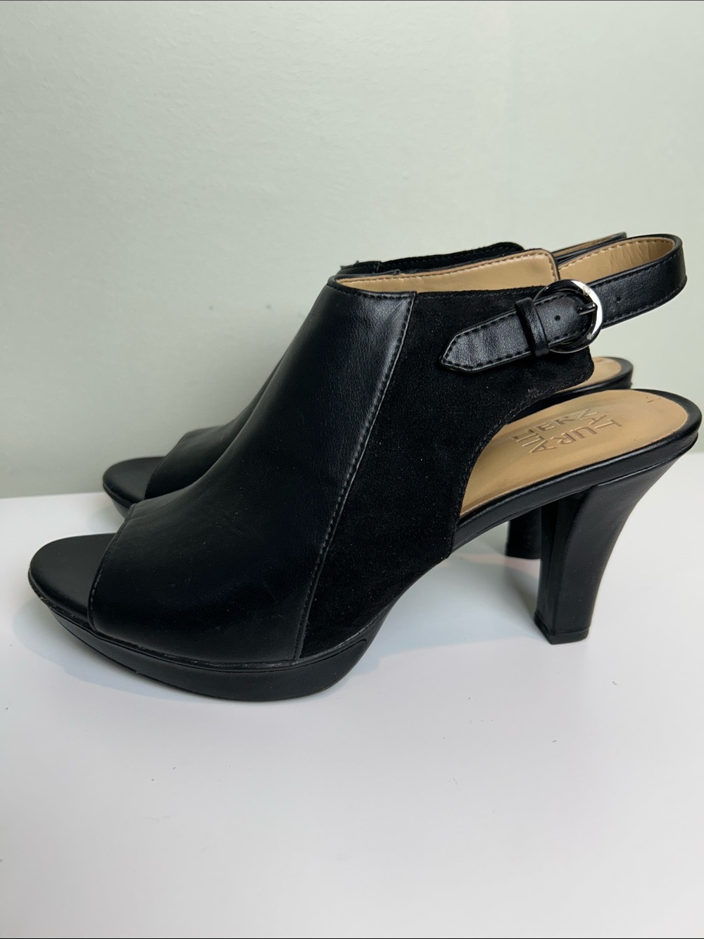 Naturalizer Dawn Black Leather Suede Peep Toe Slingback Heels 9.5M